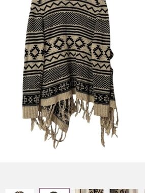 Altar'd State Beige and Black Geometric Fringe Poncho Sweater